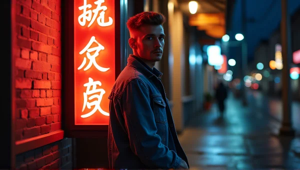Urban Man in Denim Jacket by Neon Signage