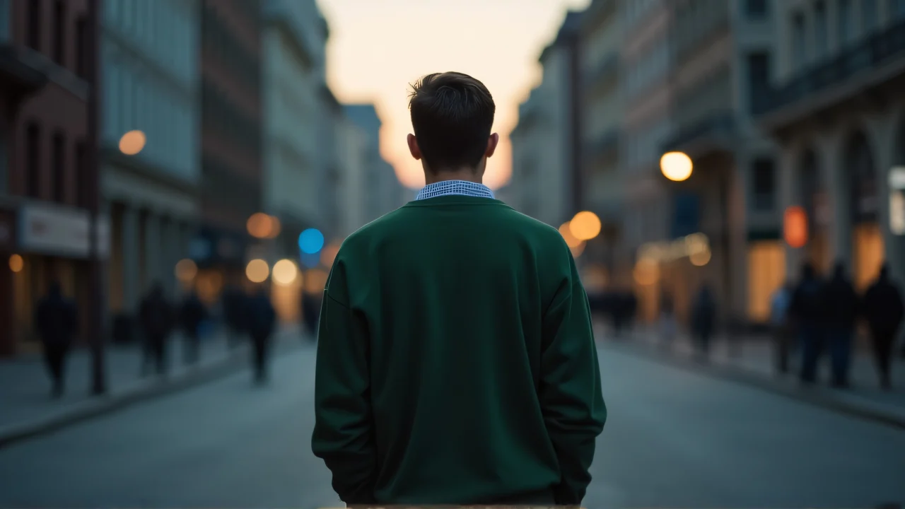 A man in a green sweater stands on an empty urban sidewalk at dusk, softly backlit with muted colors.