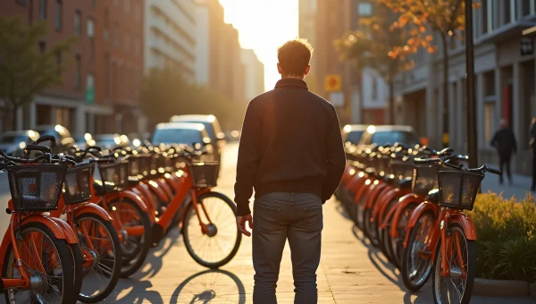 Urban Man With Orange Bicycles On Sidewalk