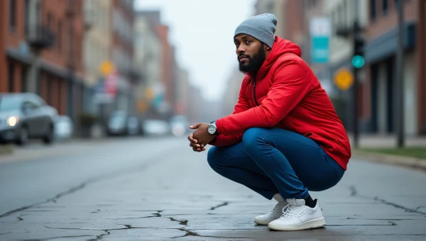 Urban Man Squatting in Red Jacket and Beanie