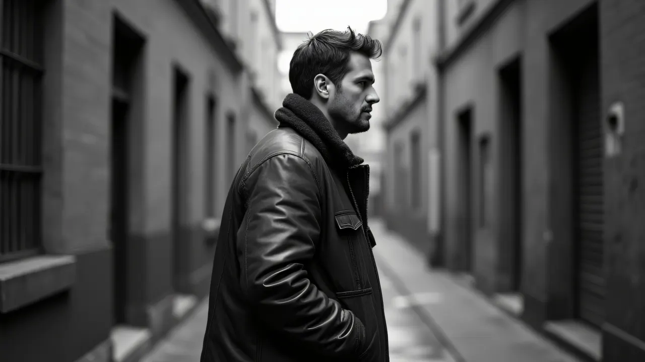 A man in a worn leather jacket stands in an urban alley, captured in a soft grayscale photograph.