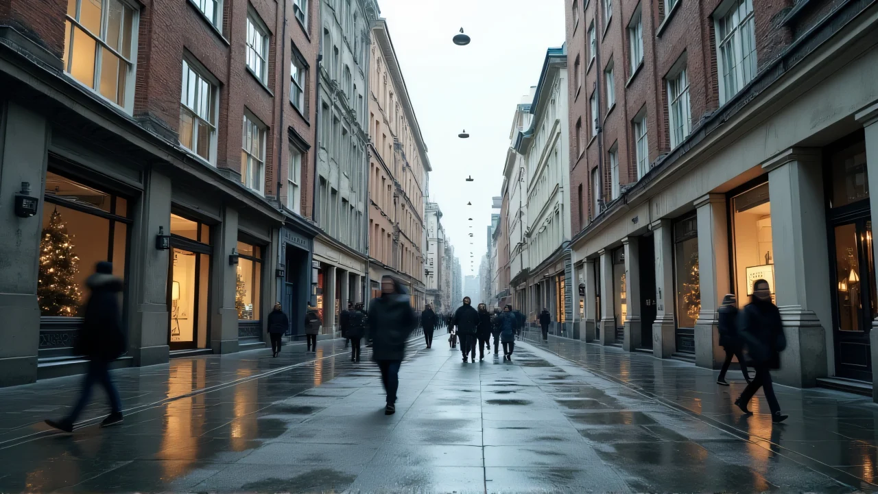 Low angle view of mid-rise buildings along a narrow street with blurred pedestrians and wet pavement.