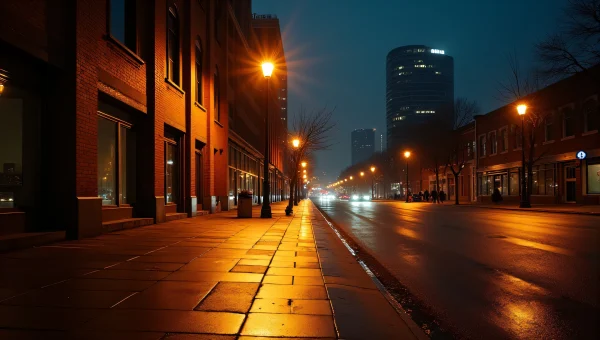 Urban Night Street Lights Reflection Low-Rise Buildings