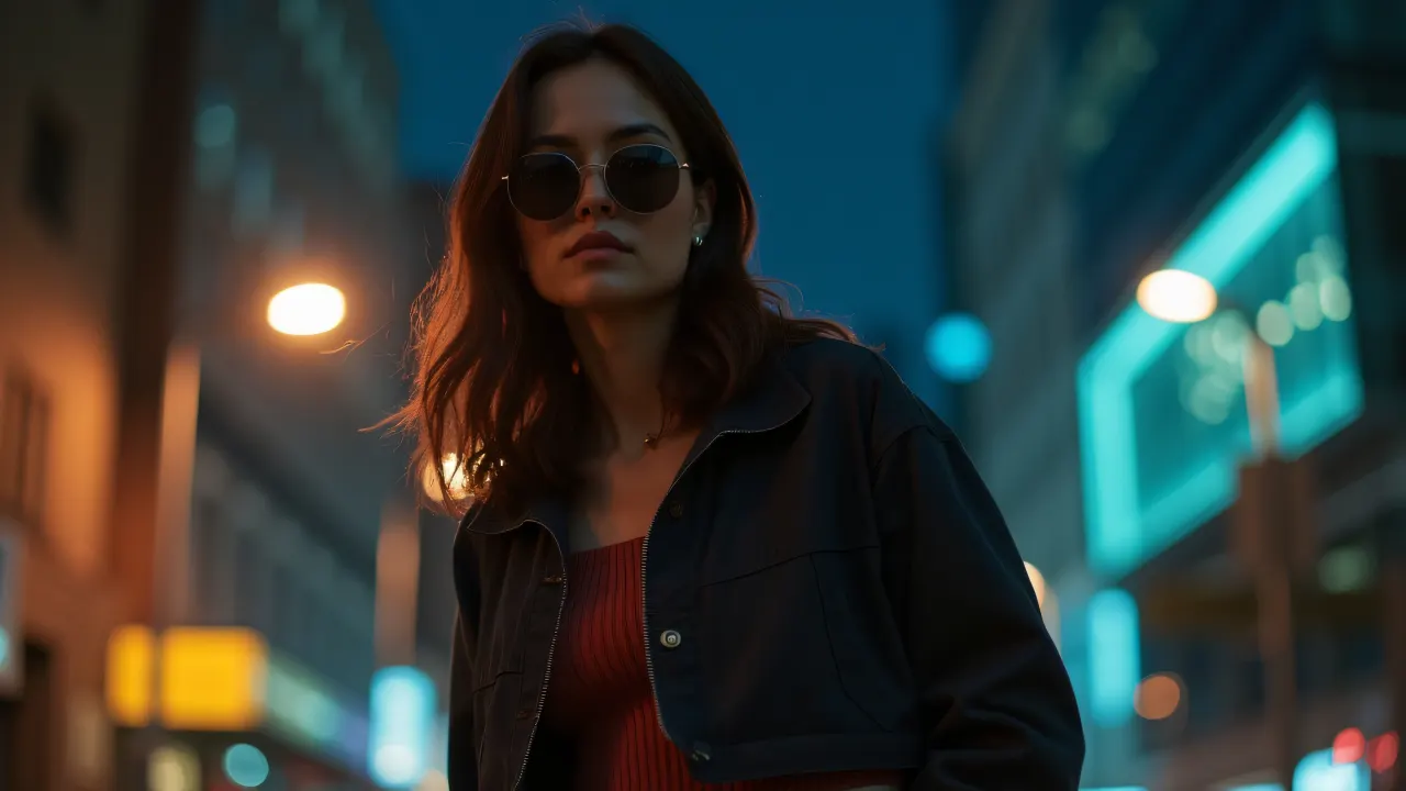 Individual in sunglasses and jacket posing against a vibrant urban backdrop at night.