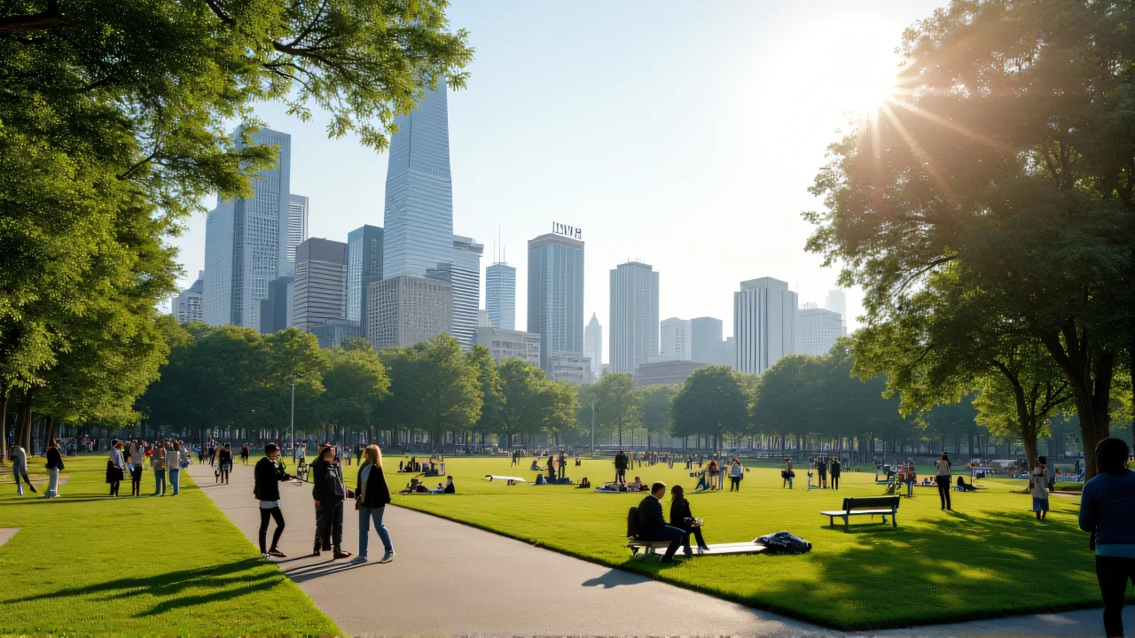 Wide-angle view of a diverse group enjoying an urban park near mid-rise buildings.