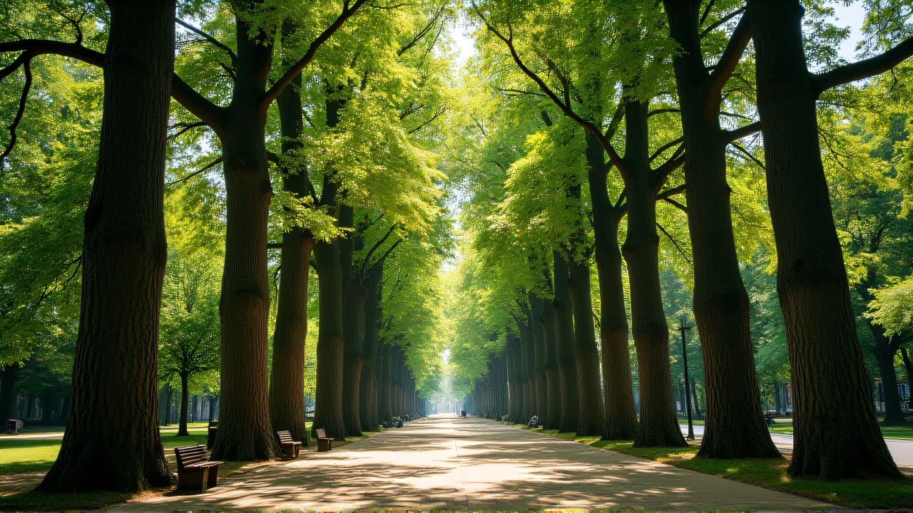 Low-angle view of towering trees in an urban park with benches and pathway under soft afternoon light.