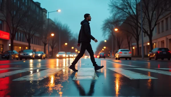 Urban Pedestrian Crossing Wet Street Dusk Scene