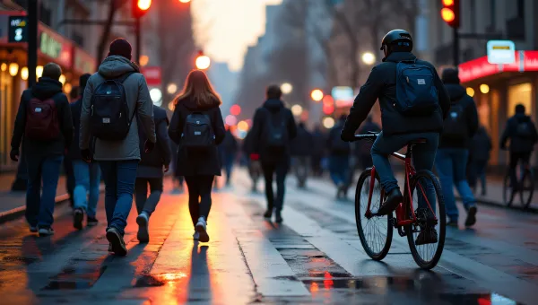 Urban Pedestrians Crossing Street at Dusk