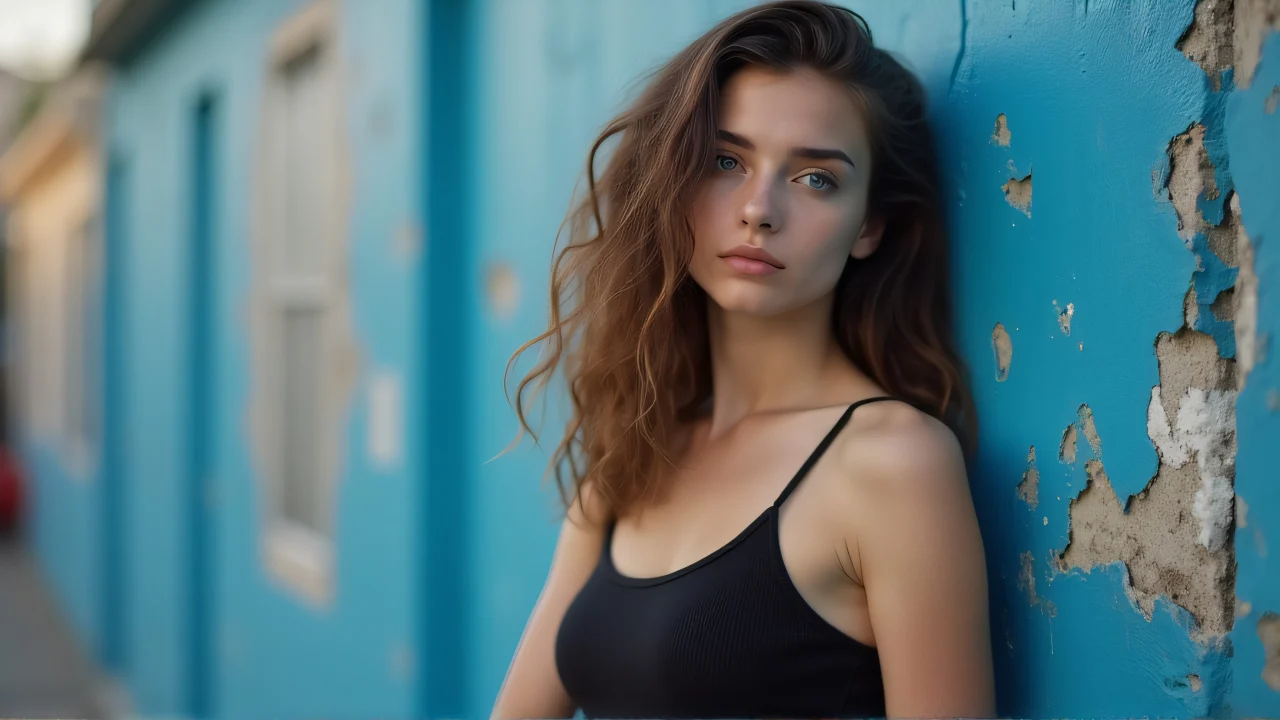 Young woman in black tank top poses beside a chipped blue wall.