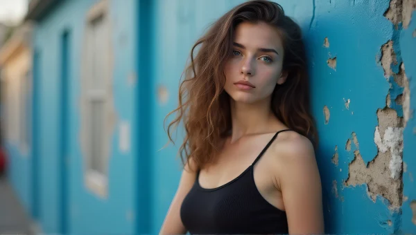 Urban Portrait of Young Woman by Painted Wall