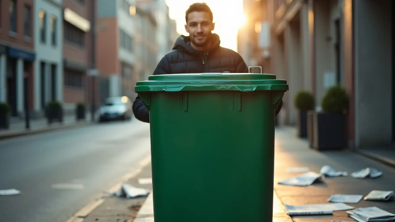 A man stands behind a green recycling bin on an urban sidewalk during soft morning light.