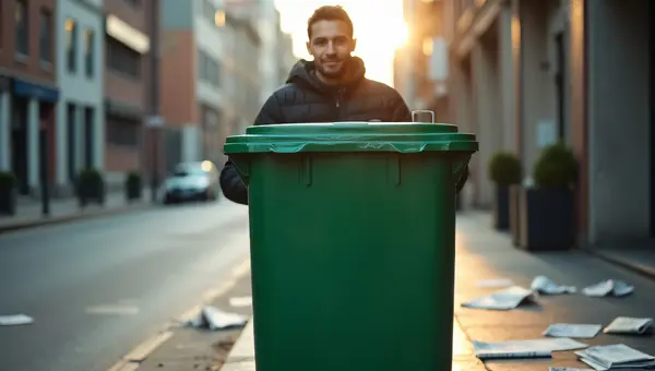 Urban Recycling Bin With Man Standing, Morning Light