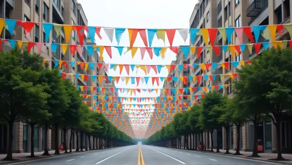Urban Road With Colorful Buntings Under Soft Light