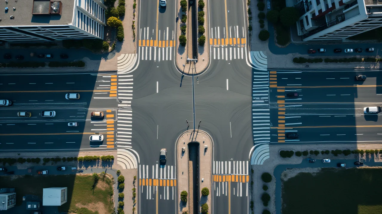 Aerial view of urban intersections with vehicles and buildings.
