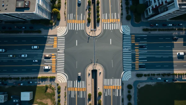 Urban Road Intersections Aerial View With Vehicles