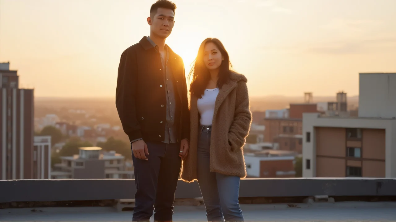 A couple poses on an urban rooftop during golden hour with soft backlight and muted colors.