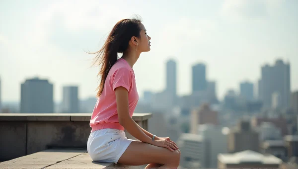 Urban Rooftop Lifestyle Woman in Pink Shirt