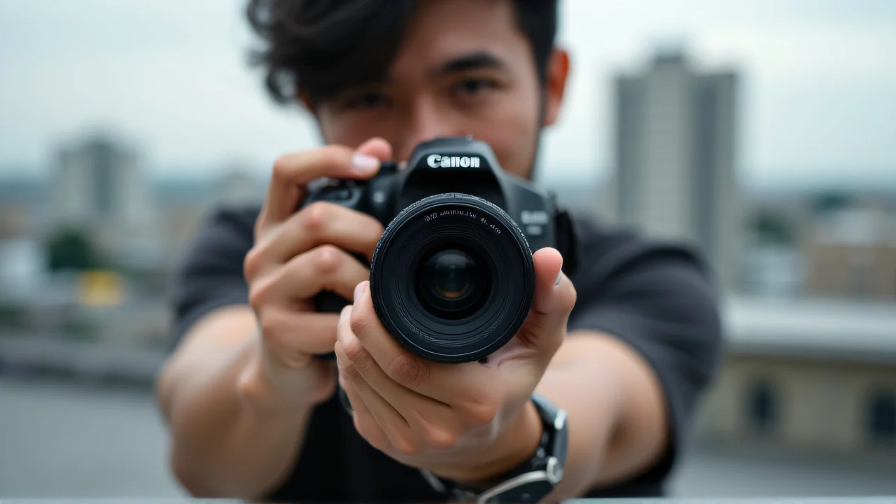 A photographer holds a DSLR at chest level, focused on the viewfinder with an urban skyline behind them.