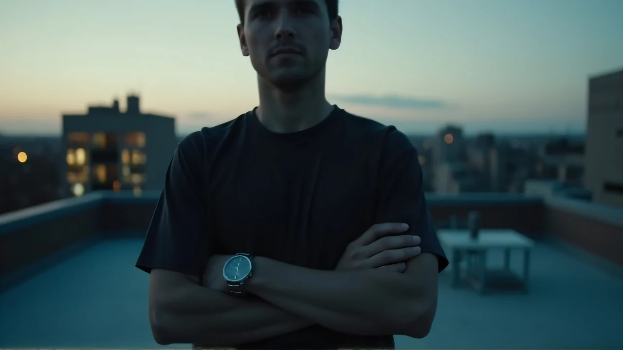 Person with folded arms and a wristwatch stands on a rooftop at dusk.