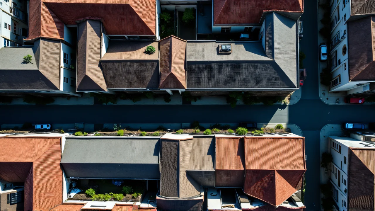 Bird's eye view of a dense urban block highlighting rooftops, streets, and parked cars.