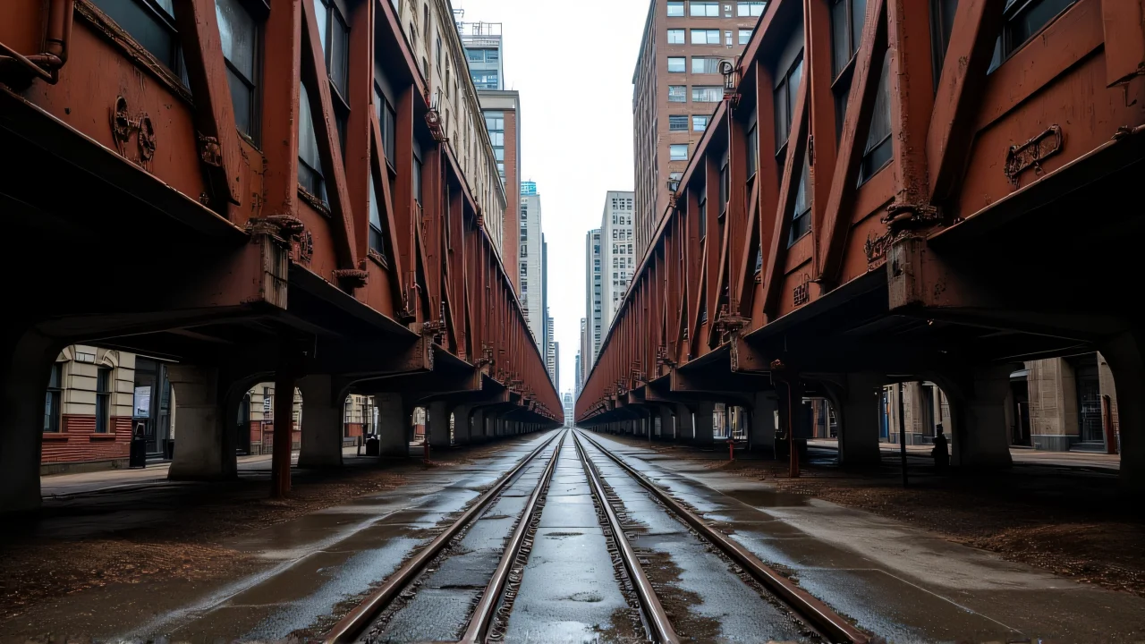 A low-angle view of a rusty railroad track cutting through a busy urban area with wet pavement reflections.