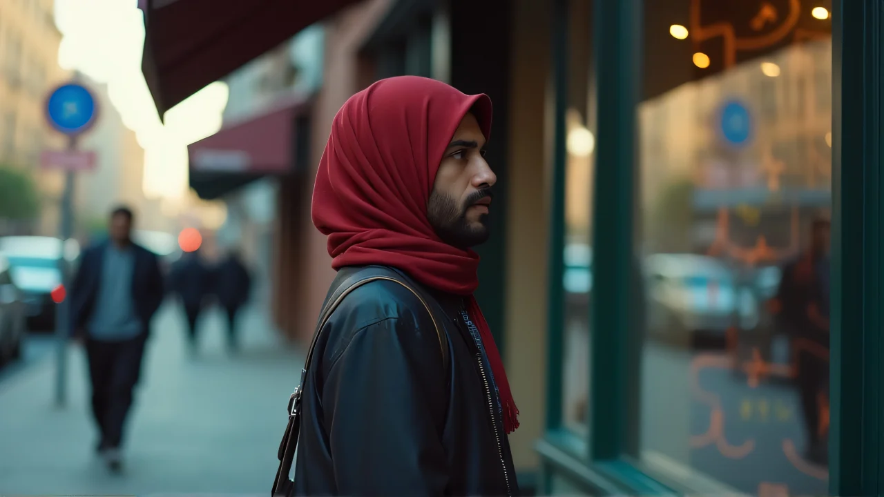 A man in a red hijab walks past a store on a city sidewalk.