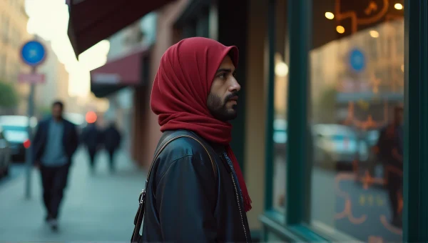 Urban Sidewalk Fashion Red Hijab Storefront Scene