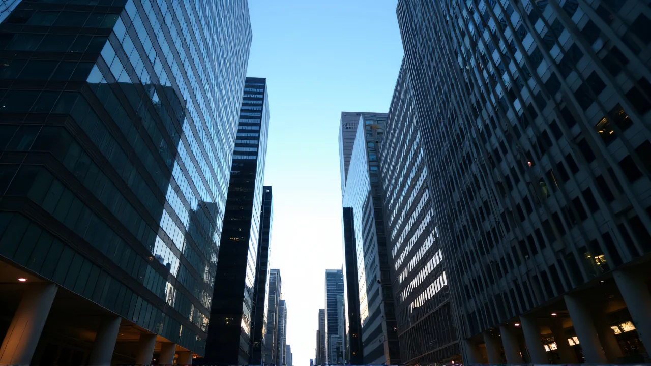 Wide-angle view of a city skyline at dusk featuring high-rise buildings and reflective glass facades.