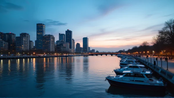 Urban Skyline Reflections on River at Dusk