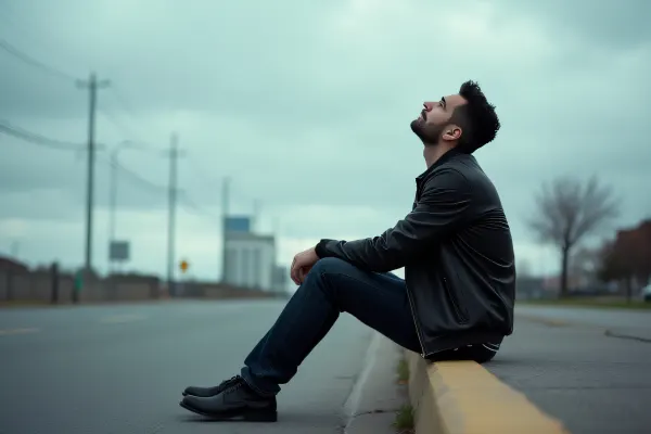 Urban Solitude: Man in Leather Jacket Under Clouds