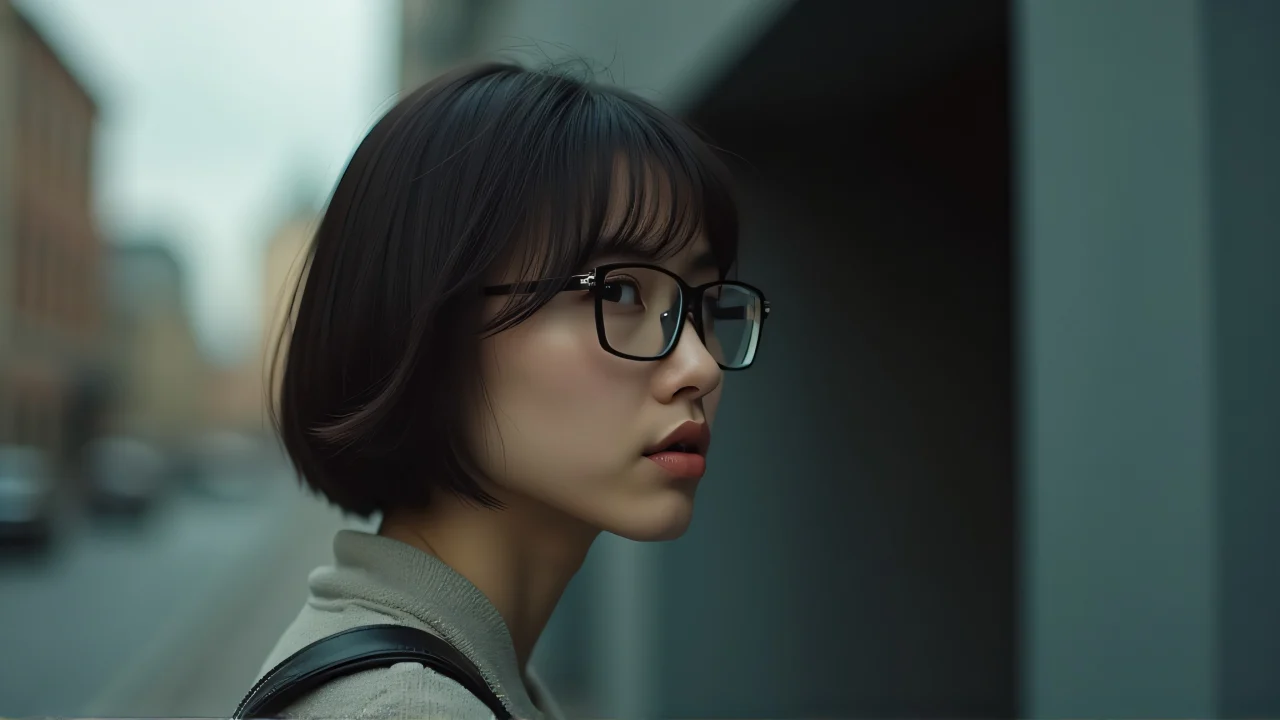 A figure wearing spectacles gazes sideways against a muted city backdrop.
