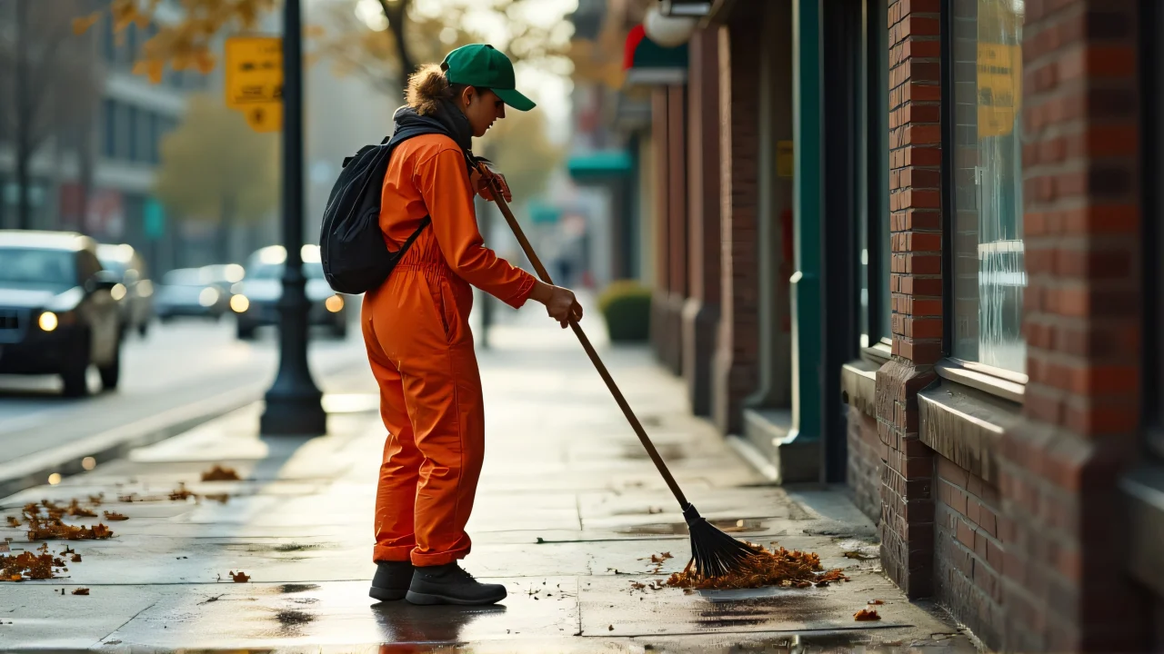 Woman in orange jumpsuit sweeps a wet urban sidewalk.