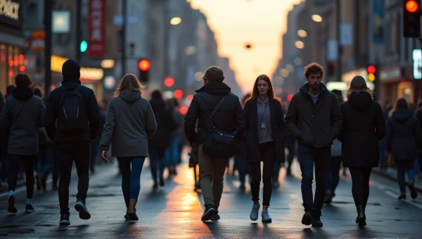 Urban Street Crossing Pedestrians at Dusk