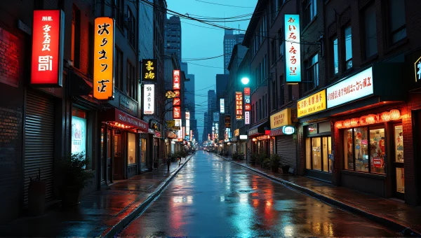 Urban Street Dusk Reflections With Lighted Signage