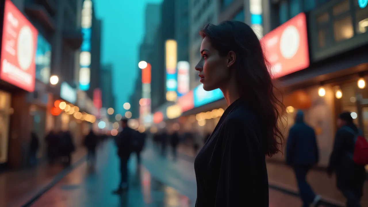 A woman stands on a busy street at twilight, surrounded by neon lights and blurred pedestrians.