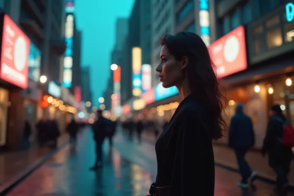 Urban Twilight Street Scene With Woman Profile