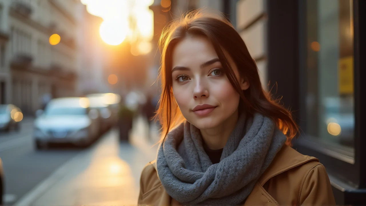 A woman stands on an urban sidewalk wearing a layered brown and gray coat during golden hour.