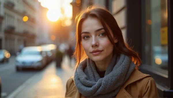Urban Woman in Layered Coat at Golden Hour