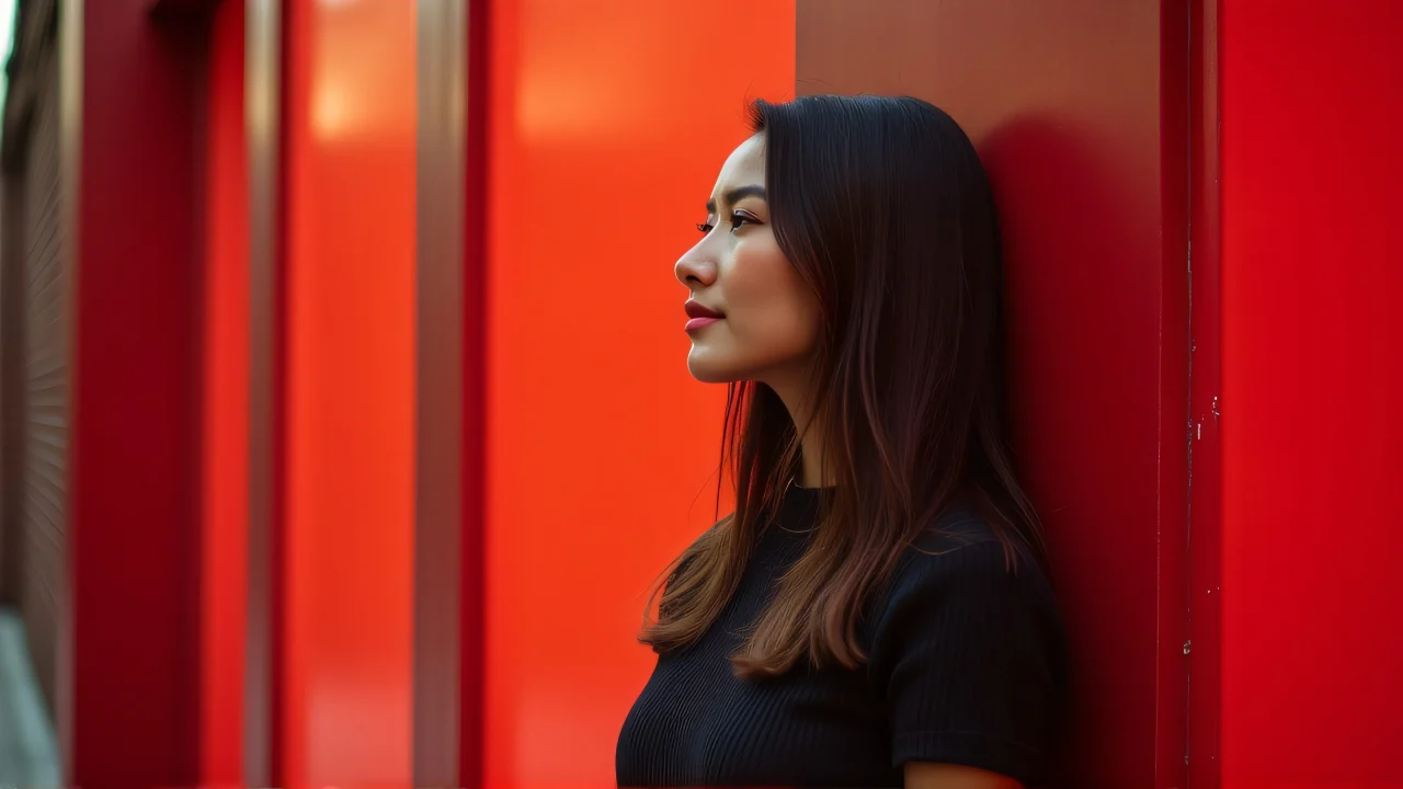 A woman leans beside a tall red rectangular frame in an urban setting.