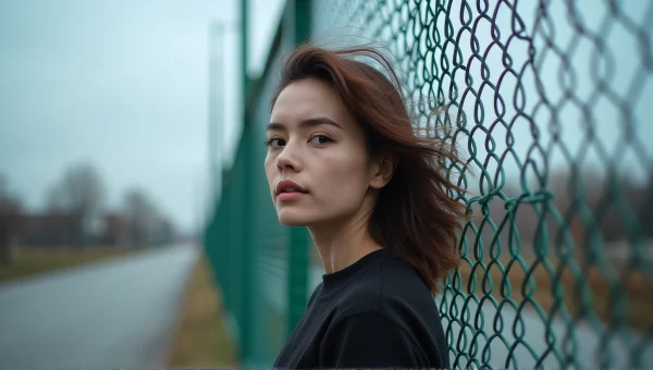 Urban Woman Portrait By Chain-Link Fence