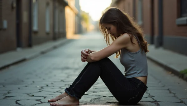 Urban Woman Seated on Cracked Pavement