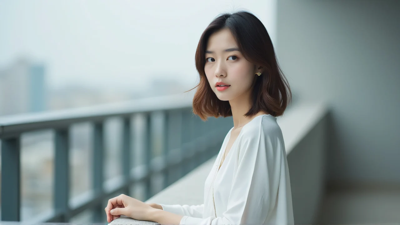 Woman in white top stands by metal railing on urban balcony.