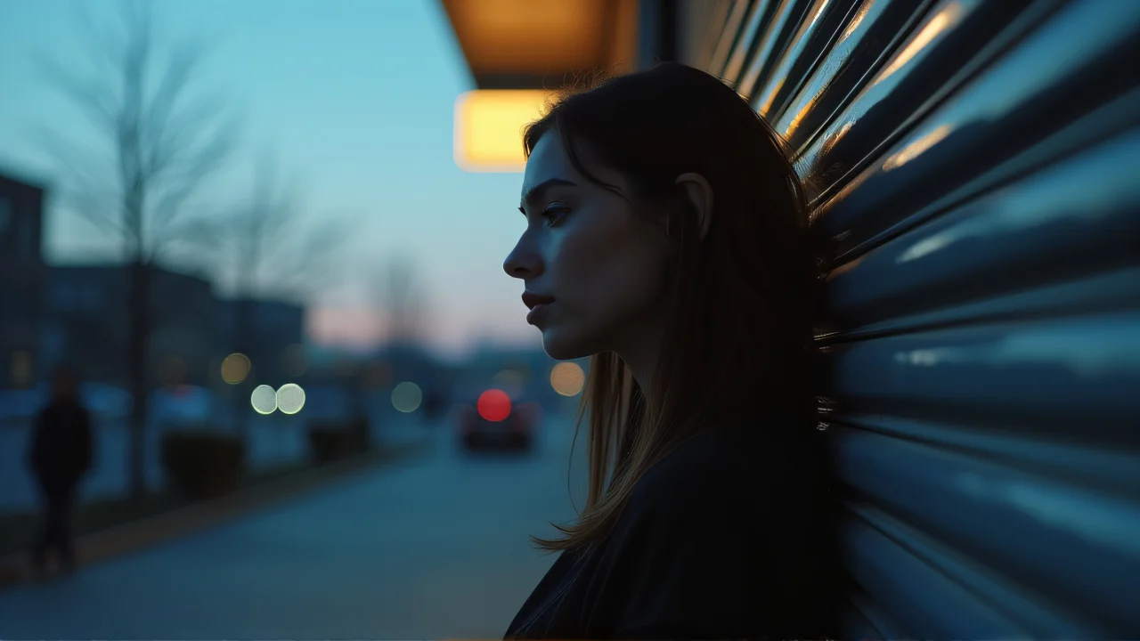 A woman poses beside a metal roller shutter in an urban setting at dusk.