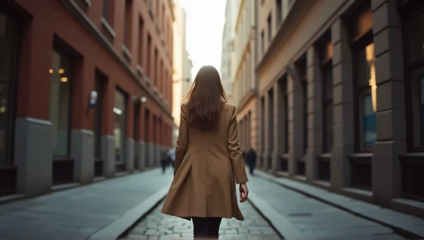Urban Woman Walking Between Narrow Buildings