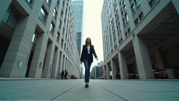 Urban Woman Walking Near Tall Building Overcast