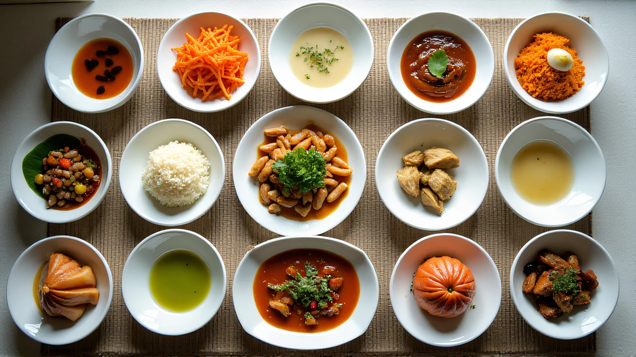 Top-down view of diverse small dishes in white porcelain bowls on a woven mat.