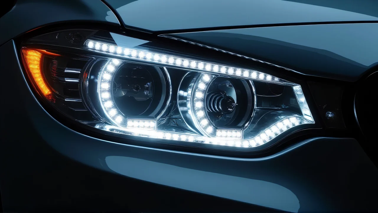 Close-up view of a vehicle headlight assembly with illuminated LED array.