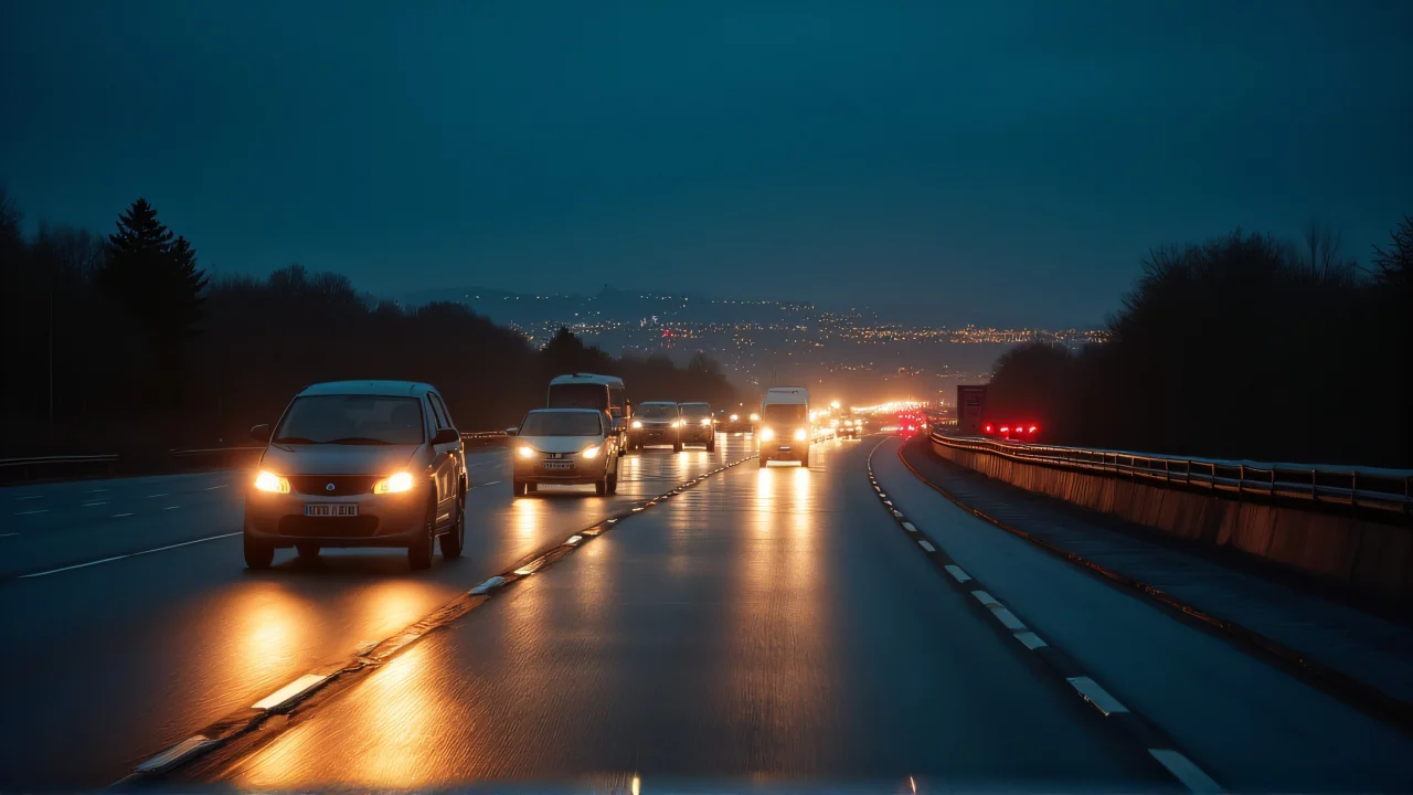 Multiple vehicles on a wet highway at night with reflections from headlights.