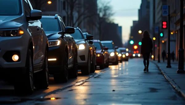 Vehicles Parked at Dusk with Reflections and Pedestrian