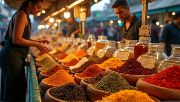 Vibrant Spice Market Stall With Wooden Bowls